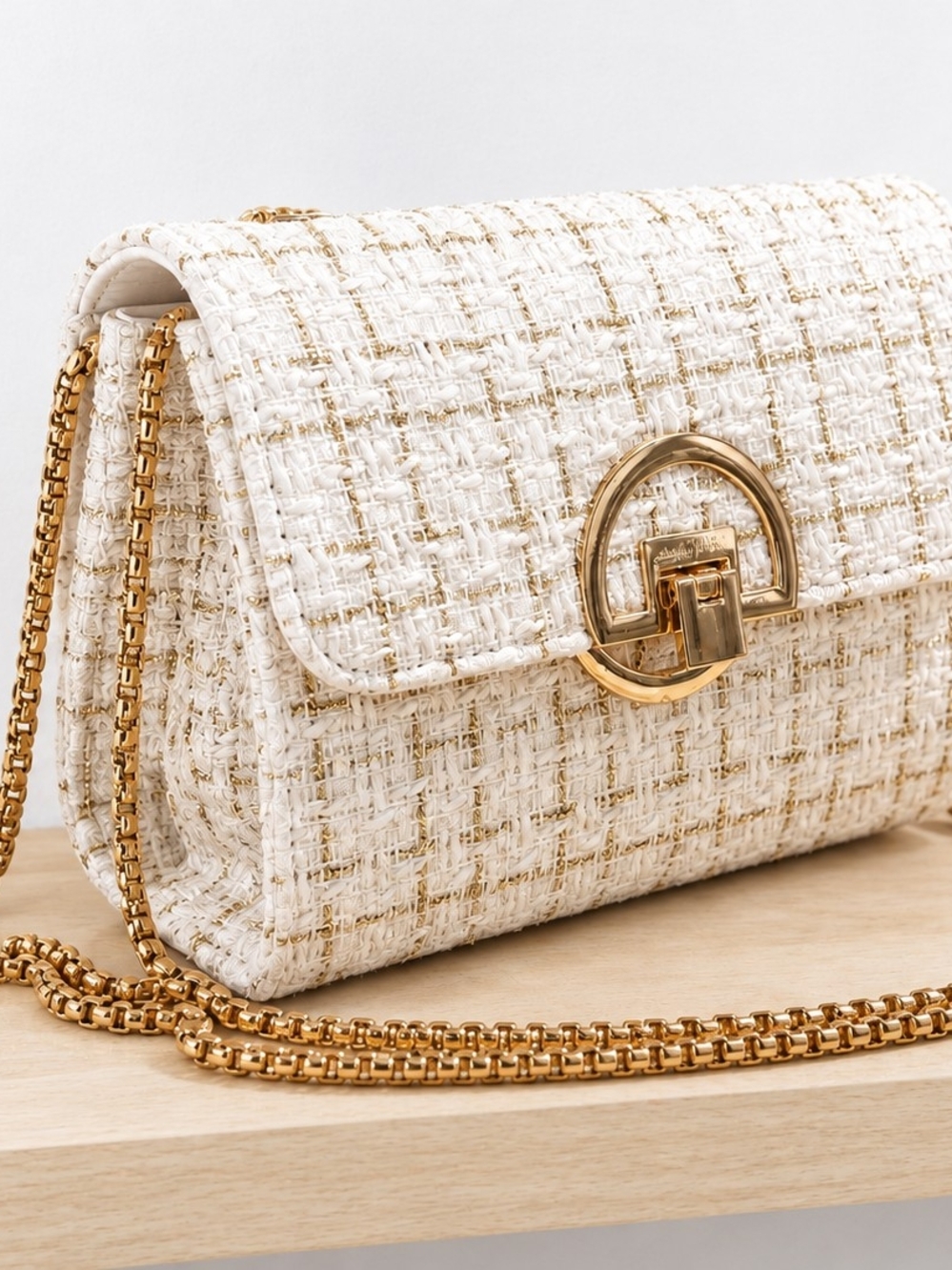 Elegant White Tweed Crossbody Bag with Gold Hardware